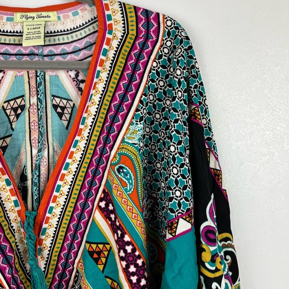 Flying Tomato Kimono Top Dolman 3/4 Sleeves Stripes Floral V-neck Wrap XL Boho - Picture 2 of 10